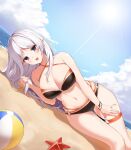  1girl :d ball bare_shoulders beach beachball bikini black_bikini black_eyes blue_sky bracelet breasts cleavage closers cloud dutch_angle feet_out_of_frame hand_on_own_thigh hand_up highres holding holding_hair jewelry large_breasts levia_(closers) long_hair looking_at_viewer lying navel no_pupils o-ring o-ring_bikini o-ring_bottom o-ring_thigh_strap o-ring_top ocean official_art on_side pointy_ears sand sky smile solo starfish stomach sun swimsuit thigh_strap white_hair 