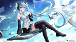  1girl absurdres ahoge aqua_hair aqua_nails aqua_necktie artist_name black_footwear black_sleeves blush boots cloud collared_shirt commentary crossed_legs detached_sleeves dress_shirt english_commentary floating_hair green_eyes grey_shirt hair_ornament hatsune_miku headphones highres long_hair long_sleeves nail_polish necktie parted_lips porukana shirt sitting sleeveless sleeveless_shirt solo thigh_boots twintails very_long_hair vocaloid wing_collar zettai_ryouiki 