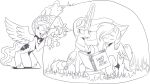  2023 blush book clothing crown cutie_mark equid equine eyelashes fan_character feathered_wings feathers female feral footwear friendship_is_magic fur greyscale group hair hasbro headgear hi_res hooves horn long_hair magic male mammal monochrome my_little_pony nauyaco open_mouth pegasus princess_celestia_(mlp) princess_luna_(mlp) shoes simple_background sitting tail trio tuft winged_unicorn wings 