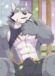  2022 abs anthro areola biceps bodily_fluids bottomwear bulge canid canine canis clothed clothing clothing_lift digital_media_(artwork) eyebrows facial_scar fully_clothed fur grey_body grey_fur hi_res male mammal muscular muscular_anthro muscular_male muscular_thighs navel nipples open_mouth pecs pubes quads scar shirt shirt_lift shorts signature sitting solo sweat tank_top teeth thick_thighs topwear wolf zen_crael 