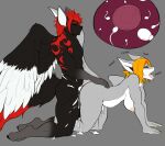  absurd_res all_fours alodiel_lamni_(custom_ink) anthro anthro_on_anthro black_sclera bodily_fluids breasts canid canine canis cheating_wife cum cum_inside dialogue doggystyle duo english_text female fish from_behind_position fur genital_fluids hair hand_on_butt hi_res impregnation infidelity male male/female male_penetrating mammal marine nude open_mouth orange_hair penetration red_hair sex shark simple_background skapu tattoo text tongue tongue_out wings wolf xion_archaeus 