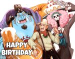  3boys absurdres alcohol alternate_costume ascot beer black_hair blue_skin blush bow bowtie brook_(one_piece) cake collared_shirt colored_skin curly_eyebrows facial_hair fins fish_boy food goatee happy happy_birthday hat highres index_finger_raised ippaiotabe_mkw japanese_clothes jinbe_(one_piece) kimono large_pectorals male_focus mature_male multiple_boys muscular muscular_male o_o one_piece orange_kimono pectoral_cleavage pectorals pink_hair pointy_ears shirt skeleton suspenders tusks usopp wide-eyed 