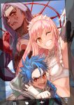  1girl 2boys :o angry annoyed arm_around_shoulder armpits black_gloves blue_hair blush braid breasts chest_tattoo cleavage cloud commentary copyright_name cu_chulainn_(fate) cu_chulainn_alter_(fate) earrings elbow_gloves facial_tattoo fate/grand_order fate_(series) gloves grin hair_strand hand_on_own_hip highres hood inugami86 jewelry long_hair looking_at_viewer medb_(fate) messy_hair midriff multiple_boys one_eye_closed pink_hair red_eyes scowl selfie setanta_(fate) sharp_teeth sky smile taking_picture tattoo teeth tiara upper_body white_gloves yellow_eyes 