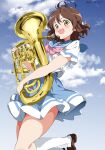  1girl absurdres blue_sailor_collar blue_skirt blush brown_hair euphonium hibike!_euphonium highres holding holding_instrument instrument jumping kitauji_high_school_uniform kneehighs loafers looking_at_viewer medium_hair neckerchief open_mouth oumae_kumiko pink_neckerchief sailor_collar school_uniform serafuku shirt shoes skirt sky socks solo summer_uniform thighs twitter_username white_gorilla_(okamoto) white_shirt white_socks yellow_eyes 