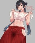  1girl agawa_ryou black_hair blue_hair bow breasts chest_sarashi cowboy_shot dated english_commentary gradient_hair hair_bow hakama hakama_skirt hip_vent japanese_clothes large_breasts long_hair looking_at_viewer midriff multicolored_hair navel open_mouth original red_hakama sarashi signature simple_background skirt smile solo twintails 