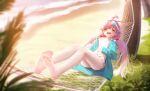  1girl =_= absurdres aqua_jacket bare_legs barefoot beach bikini blue_archive blurry blush depth_of_field eyewear_on_head hammock han_(hehuihuihui) highres hoshino_(blue_archive) hoshino_(swimsuit)_(blue_archive) jacket lying navel on_back pink_hair smile solo swimsuit tinted_eyewear toes twintails white_bikini 