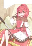  1girl :d anna_(fire_emblem) brown_gloves cape crossed_bangs dress fire_emblem fire_emblem_engage gloves hair_between_eyes highres kazami_doriru long_hair long_sleeves looking_at_viewer open_mouth pointing pointing_at_self ponytail puffy_sleeves red_dress red_eyes red_hair sitting smile solo treasure_chest two-tone_dress white_dress 