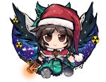  arm_cannon asymmetrical_footwear bird_wings black_wings bow cape capelet caution christmas fur-trimmed_capelet fur_trim green_bow green_skirt hair_bow hat highres lis_(lislisette) mismatched_footwear radiation_symbol reindeer reiuji_utsuho santa_claus santa_hat skirt sleigh third_eye touhou weapon wings 