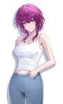  1girl absurdres alternate_costume bare_arms bare_shoulders breasts camisole commentary_request cowboy_shot denim hasom head_tilt highres honkai:_star_rail honkai_(series) jeans kafka_(honkai:_star_rail) long_hair looking_at_viewer medium_breasts midriff_peek pants purple_eyes purple_hair simple_background smile solo spaghetti_strap standing thighs white_background 