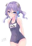  1girl absurdres ass_visible_through_thighs blue_eyes blue_one-piece_swimsuit blush covered_navel hair_ornament hair_ribbon highres hizaka kantai_collection langley_(kancolle) looking_at_viewer medium_hair name_tag old_school_swimsuit one-piece_swimsuit purple_hair ribbon school_swimsuit short_hair signature simple_background smile solo swimsuit swimsuit_under_clothes twitter_username white_background 