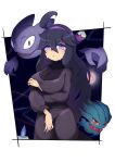  1girl @_@ absurdres afuron ahoge alternate_breast_size black_hair border breasts closed_mouth commentary_request dress hair_between_eyes hairband haunter hex_maniac_(pokemon) highres litwick long_hair misdreavus pokemon pokemon_(creature) pokemon_(game) pokemon_xy polteageist purple_hairband sweat white_border 