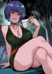  1girl belt bench black_choker black_hair blue_hair breasts brown_eyes choker cleavage crossed_legs dress gift green_dress highres holding holding_gift jewelry large_breasts looking_at_viewer necklace open_mouth osusowake outdoors park park_bench persona persona_5 red_belt short_dress short_hair sitting solo takemi_tae thighs tree 