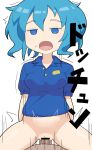  1boy 1girl bar_censor blonde_hair blue_eyes blue_shirt bottomless breasts censored collared_shirt commentary_request cookie_(touhou) cowboy_shot dashed_eyes employee_uniform empty_eyes hair_between_eyes hetero hospital_king kawashiro_nitori kofji_(cookie) long_bangs medium_breasts messy_hair motion_lines navel open_mouth penis pussy sex shirt short_hair short_sleeves simple_background solo_focus touhou uniform vaginal white_background 