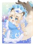  2022 4_fingers 4_toes accessory anthro big_tail biped blonde_hair blue_background blue_clothing blue_coat blue_eyes blue_topwear blush border bow_(feature) braided_hair braided_pigtails brown_body brown_ears brown_fur brown_inner_ear brown_nose brown_tail brown_tail_tip clothed clothing coat colored crown digital_media_(artwork) dipstick_tail duel_monster eyelashes fairy_tail-rochka feet felid feline felis female female_anthro fingers fluffy fluffy_tail front_view full-length_portrait fully_clothed fur fur_trim_(clothing) gem gift gift_bow gift_box gradient_background grey_pupils hair hair_accessory headgear hi_res holding_gift holding_object huge_tail inner_ear_fluff kemono long_hair mammal markings monotone_ears monotone_hair multicolored_body multicolored_fur multicolored_tail nakigara open_mouth pawpads paws pink_pawpads pink_tongue portrait pupils sapphire_(gem) semi-anthro shaded simple_background snowflake solo standing tail tail_markings tan_body tan_fur tan_inner_ear tan_inner_ear_fluff tan_tail three-quarter_view toes tongue topwear tuft two_tone_body two_tone_fur two_tone_tail white_border winter_coat yu-gi-oh! 