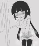  1girl blunt_bangs blush bottomless breath commentary_request door drawstring embarrassed flat_chest greyscale half-closed_eyes hood hood_down hooded_sweater jaggy_lines lag_train_(vocaloid) long_hair long_sleeves looking_at_viewer monochrome nose_blush open_mouth osage_(inabakumori) pee peeing peeing_self sidelocks sleeves_past_fingers sleeves_past_wrists solo steam sweater tears tebasaki_(877877ice) thighhighs trembling twintails vocaloid wet wet_clothes 