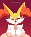  anthro big_breasts big_penis braixen breast_play breasts duo female fur generation_6_pokemon genitals hi_res human interspecies male male/female mammal nintendo nipples nyasplush penis pink_nipples pokemon pokemon_(species) red_eyes sex text titfuck url white_body white_fur yellow_body yellow_fur 