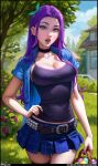  1girl abigail_(stardew_valley) aroma_sensei basket belt blue_eyes breasts choker cleavage denim denim_skirt ear_piercing earrings easter easter_egg egg hair_ribbon hand_on_hip highres holding holding_basket jewelry large_breasts lips looking_at_viewer nail_polish navel open_clothes open_shirt outdoors parted_bangs piercing purple_hair purple_nails ribbon skirt solo stardew_valley tank_top thick_lips thigh_gap thighhighs thighs 