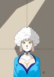  absurd_res accessory against_surface against_wall age_difference angry anthro anuvisur_(artist) big_breasts bovid breasts caprine clothed clothing collar digital_media_(artwork) dress female fluffy fluffy_hair fur hair hi_res huge_breasts looking_at_viewer machine mammal robot sha_(twf) sheep simple_background solo the_walten_files topwear white_body white_fur wool_(fur) yellow_eyes young younger_female 