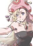  1girl bare_shoulders blonde_hair blue_eyes breasts cape choker closed_mouth earrings final_fantasy final_fantasy_vi hat jewelry long_hair looking_at_viewer lowres relm_arrowny short_hair simple_background smile solo strapless white_background yokutsuki_noa 
