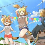  3girls african_elephant_(kemono_friends) alternate_costume animal_ears blonde_hair blue_shorts brown_hair cat_ears cat_girl cat_tail closed_eyes dhole_(kemono_friends) dog_ears dog_girl dog_tail elephant_ears extra_ears food grey_hair gym_shirt gym_uniform hair_between_eyes headband highres japari_bun japari_symbol kemono_friends light_brown_hair multiple_girls name_tag open_mouth orange_eyes red_shorts scarf seramix_x serval_(kemono_friends) shirt shoes short_hair short_shorts short_sleeves shorts sidelocks smile sneakers socks sportswear t-shirt tail translation_request white_footwear white_hair white_shirt white_socks yellow_eyes 