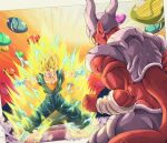 2boys armor aura biceps blonde_hair blue_sash border bracer bure_(fantasticyouth7) clenched_hand colored_skin commentary_request dougi dragon_ball dragon_ball_z earrings electricity emphasis_lines energy gloves green_eyes horns janemba jewelry looking_at_another male_focus mountain multiple_boys muscular muscular_male open_mouth orange_shirt outside_border outstretched_arms pectorals pointy_ears potara_earrings red_skin sash sharp_teeth shirt short_sleeves silhouette spiked_hair spread_arms standing super_saiyan super_saiyan_2 tail teeth tongue v-shaped_eyebrows vegetto veins white_border white_gloves yellow_eyes 