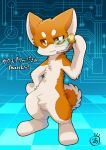  anthro ayaka canid canine canis circuit_board countershading domestic_dog fur japanese_text looking_at_viewer mammal orange_body orange_fur scouter shiba_inu signature smile solo spitz standing tail technology text white_body white_fur 