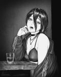  1girl absurdres bare_shoulders black_choker bra chainsaw_man choker cup drinking_glass earrings fingernails greyscale hair_between_eyes hair_bun highres jacket jewelry looking_at_viewer marvin_(omarvin) medium_hair monochrome necklace open_clothes open_jacket open_mouth reze_(chainsaw_man) single_hair_bun sitting underwear 