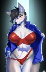  absurd_res anawat anthro big_breasts bikini black_hair breasts brown_body brown_fur canid canine canis clothing female fur grey_body grey_fur hair hi_res mammal simple_background solo swimwear topwear white_body white_fur wolf yellow_eyes 