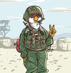  2022 5_fingers anthro armor avian beak bird claws clothed clothing countershade_face countershading day detailed_background digital_media_(artwork) english_text feathers finger_claws fingers fully_clothed gesture green_clothing hand_in_pocket headgear headphones headset headset_helmet helmet hi_res male military_uniform outside pink_body pink_feathers pockets renroto signature solo standing text uniform v_sign white_body white_feathers year 