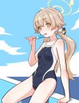  1girl bare_arms bare_shoulders black_one-piece_swimsuit blue_archive blush breasts brown_hair cloud competition_swimsuit covered_navel feet_out_of_frame food groin halo hifumi_(blue_archive) holding holding_food long_hair looking_at_viewer low_twintails one-piece_swimsuit open_mouth popsicle sitting small_breasts solo special_cat swimsuit twintails yellow_eyes 
