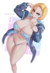  1girl absurdres android_18 artist_name bikini blonde_hair blue_eyes breasts dragon_ball dragon_ball_z earrings highres jewelry large_breasts looking_at_viewer melowh navel patreon_username short_hair simple_background solo stomach swimsuit thighs white_background 