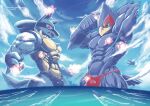  2023 absurd_res aircraft airplane anthro avian bird blue_body blue_fur bulge canid canine city clothing duo etezarumonkey falco_lombardi fur generation_4_pokemon green_eyes hi_res jet lucario macro male mammal muscular muscular_male nintendo pecs pokemon pokemon_(species) red_eyes sea ship speedo spikes spikes_(anatomy) star_fox swimwear vehicle water watercraft 