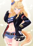  1girl animal_ears bandeau belt black_belt black_jacket blonde_hair blue_bow blue_eyes bow commentary_request cowboy_shot cutoffs denim denim_shorts gold_city_(umamusume) hair_bow highres horse_ears jacket long_hair long_sleeves looking_at_viewer midriff navel open_clothes open_jacket reitowikan shorts smile solo standing stomach strapless striped_bandeau tail thigh_strap thighs tube_top umamusume 