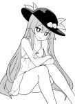  1girl alternate_costume breasts bright_pupils closed_mouth commentary crossed_arms dress food fruit greyscale hat high_contrast hinanawi_tenshi knees_up leaf long_hair looking_at_viewer monochrome onkn_sxkn peach sidelocks simple_background sitting small_breasts smile solo touhou very_long_hair 