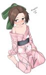  1girl absurdres aged_down bare_shoulders barefoot brown_eyes brown_hair collarbone floral_print green_ribbon hair_intakes highres japanese_clothes jintsuu_(kancolle) kantai_collection kimono long_hair maru_(marg0613) official_alternate_costume one-hour_drawing_challenge pink_kimono ponytail ribbon simple_background sitting solo white_background yokozuwari 