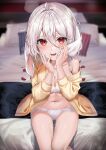  1girl absurdres animal_ears bed blush bra breasts cardigan fou_(ssqseeker) hair_between_eyes highres long_hair medium_breasts navel open_cardigan open_clothes open_mouth original panties petals rabbit_ears red_eyes short_hair sitting solo underwear white_bra white_hair white_panties 