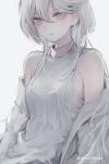  1girl asymmetrical_bangs bare_shoulders breasts dress grey_background grey_eyes gundam gundam_suisei_no_majo high_collar highres inaeda_kei long_hair looking_at_viewer miorine_rembran pale_skin simple_background small_breasts solo twitter_username upper_body white_dress white_hair 