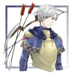  1boy armor arrow_(projectile) ashe_ubert blue_border border bow_(weapon) capelet commentary_request fire_emblem fire_emblem:_three_houses fire_emblem_warriors:_three_hopes green_eyes highres midori_no_baku multicolored_capelet short_hair signature smile teeth upper_body weapon white_background white_hair 
