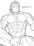  1boy abs bara blush body_hair bulge chest_hair facial_hair feet_out_of_frame goatee greyscale hairy highres large_bulge large_pectorals leg_hair long_sideburns looking_at_viewer male_focus male_swimwear mature_male monochrome muscular muscular_male navel nipples pectorals saro_(rotsw_00022) short_hair sideburns solo spread_legs stomach stubble swim_briefs thick_thighs thighs tokyo_afterschool_summoners topless_male yamasachihiko_(housamo) 