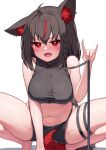  1girl absurdres ahoge animal_ear_fluff animal_ears bare_arms bare_shoulders barefoot black_collar black_hair black_shirt black_shorts blush breasts collar crop_top deaver fangs fox_ears fox_girl fox_shadow_puppet fox_tail highres holding holding_leash hololive kurokami_fubuki large_breasts leash looking_at_viewer medium_hair multicolored_hair navel open_mouth pentagram red_eyes red_hair revision shirt short_shorts shorts simple_background sleeveless sleeveless_shirt solo squatting stomach streaked_hair sweatdrop tail thigh_strap thighs tiptoes virtual_youtuber white_background 
