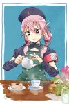  apron armband bags_under_eyes beret black_eyes blue_background cup detached_sleeves flower green_apron hair_rings hat heart_o-ring highres okiru original pink_hair pouring puffy_short_sleeves puffy_sleeves saucer short_sleeves table tea tea_set teacup teapot 