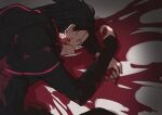  1boy alternate_costume bad_end black_hair black_robe blood blood_in_hair blood_on_clothes blood_on_face blood_on_hands blood_splatter empty_eyes evil_grin evil_smile grin hair_slicked_back highres inawa_akito long_sleeves looking_at_viewer lying male_focus messy_hair natsuki_subaru on_ground on_stomach re:zero_kara_ayamatsu_isekai_seikatsu re:zero_kara_hajimeru_isekai_seikatsu red_eyes robe short_hair sideways_mouth sleeves_past_wrists smile solo white_background wide-eyed 