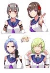  5girls :d :t =3 ^_^ ahoge alternate_hair_length alternate_hairstyle arm_at_side arms_at_sides assault_lily bare_shoulders black_gloves blonde_hair blue_hair blue_sailor_collar blunt_bangs blush breasts brown_hair chibi chibi_inset closed_eyes closed_mouth commentary cropped_torso detached_collar detached_sleeves facing_viewer fujita_asagao gloves green_hair grey_hair hair_ornament hair_ribbon hairclip hand_up hands_up highres holding holding_hair holding_scissors horns igusa_subaru imamura_yukari_(assault_lily) kawabata_hotaru kozue_west long_hair looking_at_viewer low_twintails mechanical_horns medium_breasts multiple_girls neckerchief nigari_(ngari_0115) nose_blush odaiba_girls_high_school_uniform open_hand open_mouth parted_bangs pout purple_eyes purple_neckerchief red_eyes red_horns red_ribbon ribbon sailor_collar school_uniform scissors serafuku shirt short_hair short_sleeves short_twintails simple_background sleeveless sleeveless_shirt smile sweatdrop symbol-only_commentary teeth twintails upper_teeth_only v-shaped_eyebrows white_background white_shirt wide_sleeves 