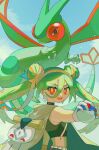  1girl absurdres bandaged_arm bandages cape claws crop_top double_bun dragon fangs flygon gloves great_ball green_hair ground_miku_(project_voltage) hair_between_eyes hair_bun hatsune_miku highres long_hair looking_at_viewer midriff nagomi_(_nagomi_) open_mouth orange_eyes poke_ball pokemon pokemon_(creature) project_voltage sky smile twintails very_long_hair vocaloid white_gloves 