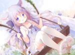  akatsuki_(ytkg5558) animal_ears animal_print blush cat_ears cat_print dress hair_ribbon highres long_hair no_shoes original purple_eyes purple_hair ribbon smile soles sundress thighhighs white_thighhighs 