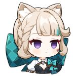  1girl animal_ears bow cat_ears cat_girl closed_mouth facial_mark frown genshin_impact jiu_fanglianhua long_hair lynette_(genshin_impact) purple_eyes solo star_(symbol) tail 