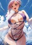  1girl absurdres blue_eyes blue_sky blush breasts bun_cover cleavage criss-cross_halter detached_sleeves fate/grand_order fate_(series) hair_bun hair_ribbon halterneck highleg highleg_swimsuit highres large_breasts long_hair looking_at_viewer miyamoto_musashi_(fate) miyamoto_musashi_(swimsuit_berserker)_(fate) miyamoto_musashi_(swimsuit_berserker)_(third_ascension)_(fate) open_mouth pink_hair ribbon rororo single_side_bun sky smile solo swept_bangs swimsuit thighs two-tone_swimsuit wading water wet white_swimsuit wide_sleeves 