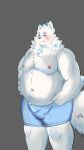  anthro belly blue_eyes blush bottomwear bulge canid canine canis clothed clothing domestic_dog fur hi_res lang_bu60726 lifewonders live_a_hero looking_at_viewer male mammal moobs navel nipples nordic_sled_dog overweight samoyed shorts solo spitz topless white_body white_fur yohack 
