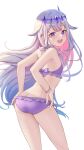  1girl absurdres ass bikini circlet colored_inner_hair flat_chest frilled_bikini frills from_behind grey_hair hair_ornament highres hololive hololive_english jewel_under_eye koseki_bijou long_hair looking_at_viewer looking_back multicolored_hair open_mouth pink_hair purple_eyes shironekokfp simple_background smile solo swimsuit virtual_youtuber wet 