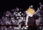  1boy against_railing armor black_gloves blonde_hair closed_eyes cloud_strife earrings elbow_gloves elbow_rest final_fantasy final_fantasy_vii floral_background flower gloves highres jewelry leaning leaning_forward male_focus night night_sky pauldrons railing short_hair shoulder_armor single_pauldron sky sleeveless sleeveless_turtleneck solo standing star_(sky) starry_sky stud_earrings suspenders sword sword_on_back triplemelon1 turtleneck weapon weapon_on_back white_flower 